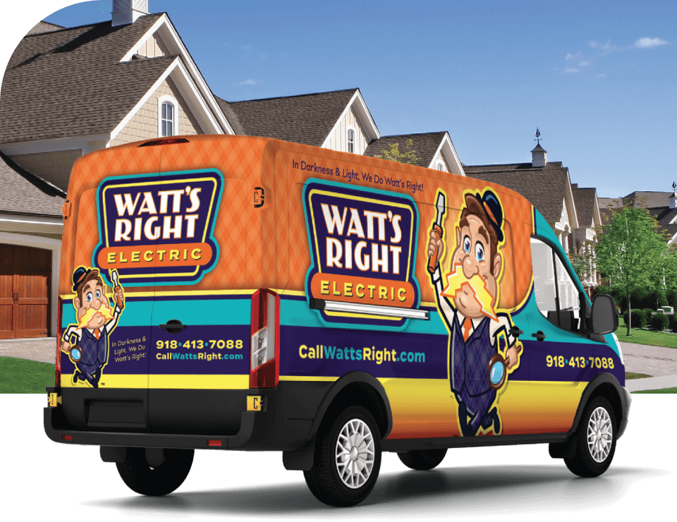 Watt's Right Electric service van wrapped in orange plaid